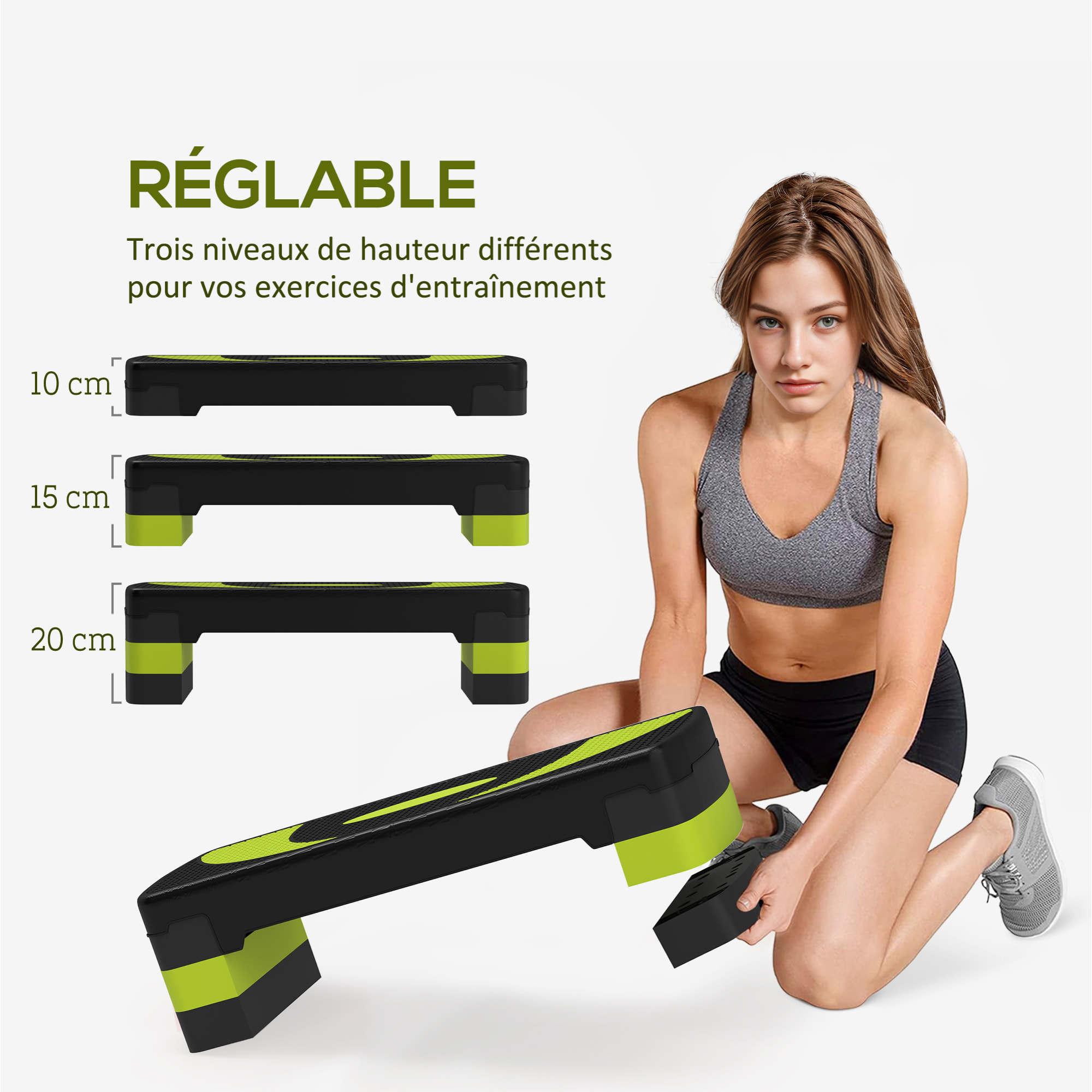 Stepper Fitness Aérobic hauteur réglable surface antidérapante 80 x 31 x 20 cm noir vert