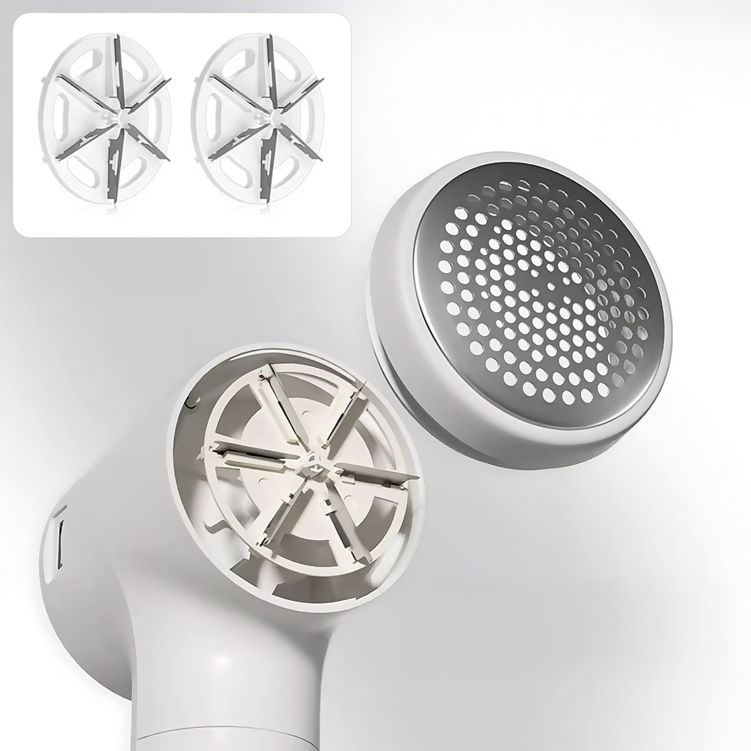 Quitapelusas compacto para el hogar, con batería incorporada, pantalla LED con indicación de batería y 5 niveles de potencia. Incluye 2 cabezales de repuesto.