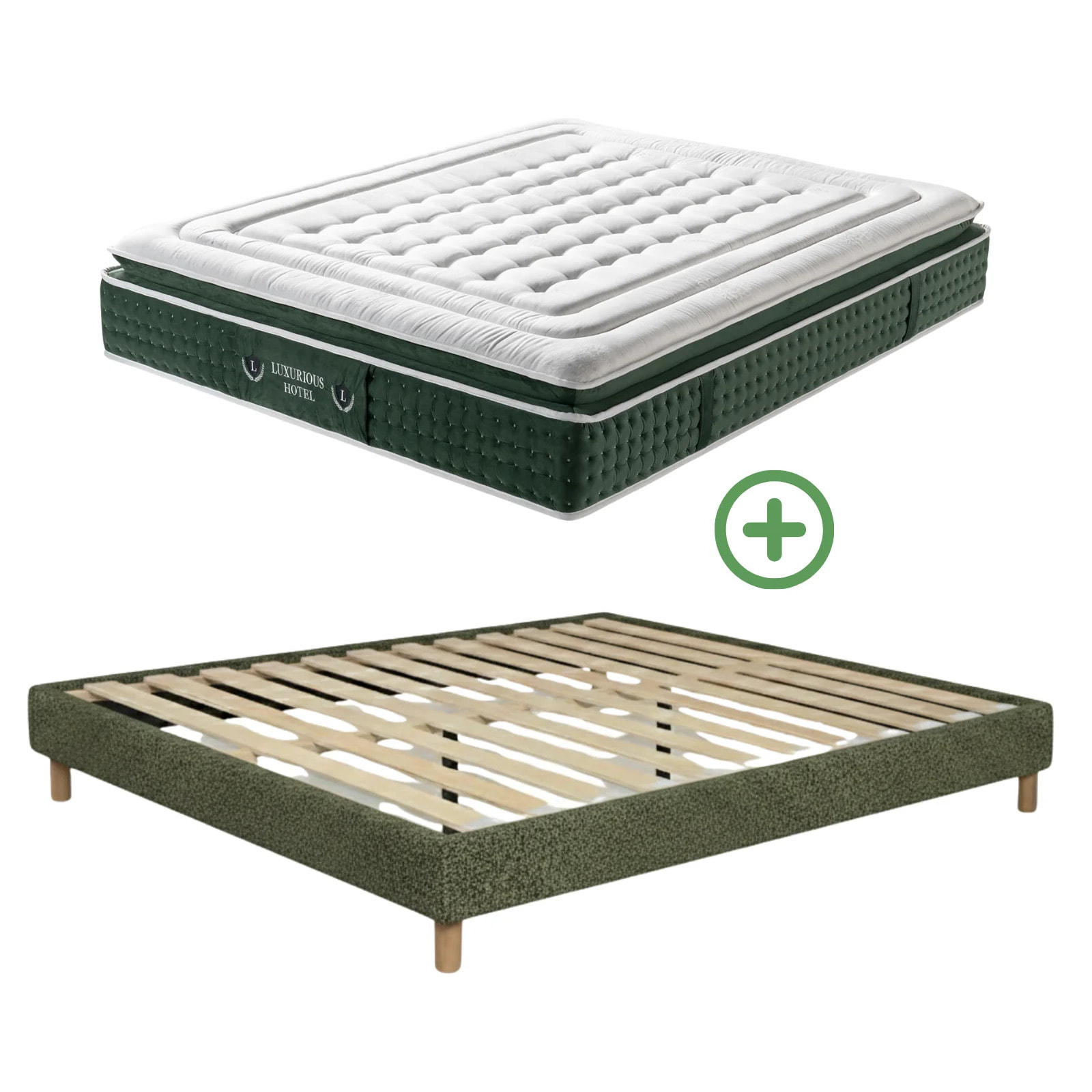 Ensemble matelas Jade & sommier Cancun | Mémoire de forme et ressorts ensachés | Cadre à lattes | Bouclette | Olive