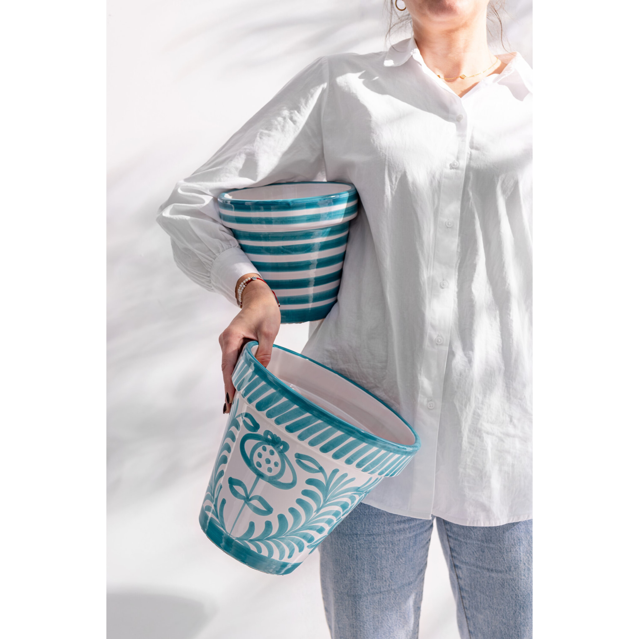 J-Line cache-pot Granada Stripes Handmade + Painted - cérmique - aqua - small -  Ø 21 cm