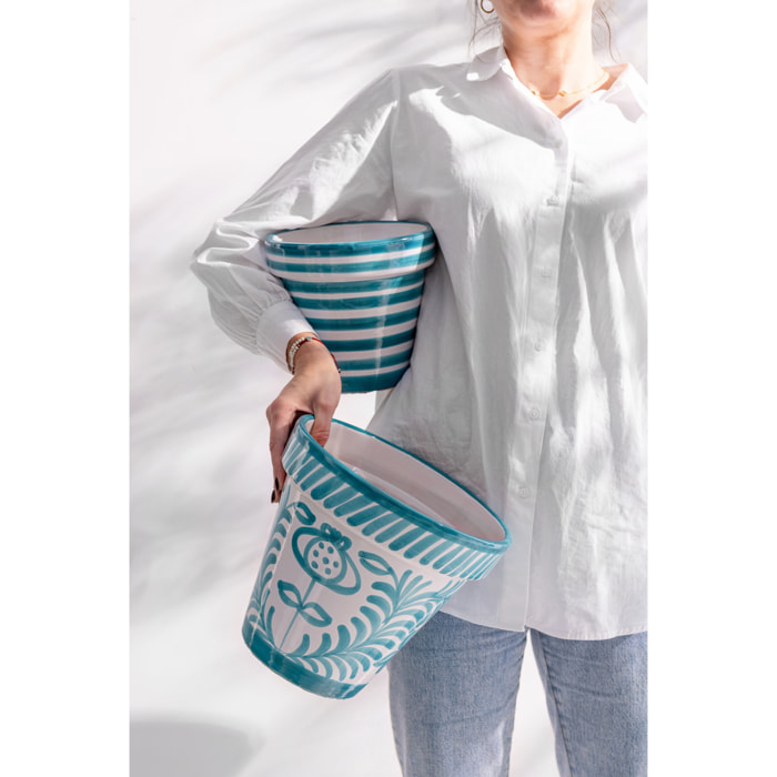 J-Line cache-pot Granada Stripes Handmade + Painted - cérmique - aqua - small -  Ø 21 cm