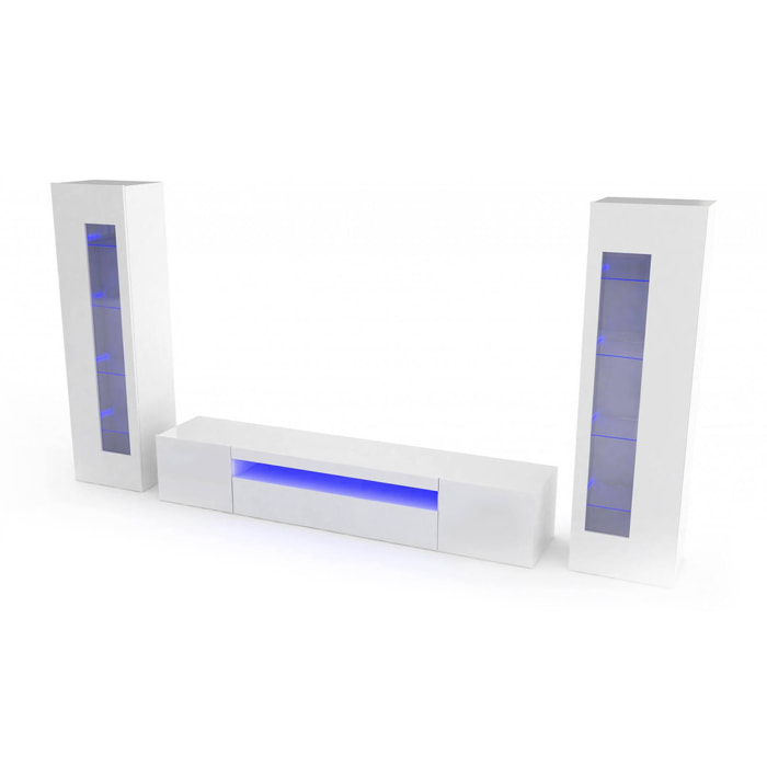 Parete attrezzata Aslhey, Set salotto porta TV, Mobile soggiorno multiuso con luce LED, 100% Made in Italy, cm 290x40h162, Bianco lucido