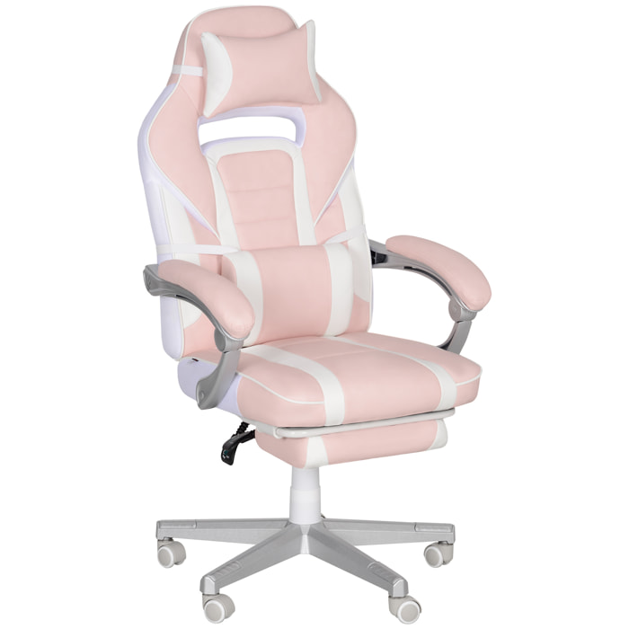 Silla Gaming Silla Gamer Reclinable con Altura Ajustable Reposapiés Retráctil Soporte Lumbar y Reposacabezas Desmontable Silla para Oficina Estudio Rosa