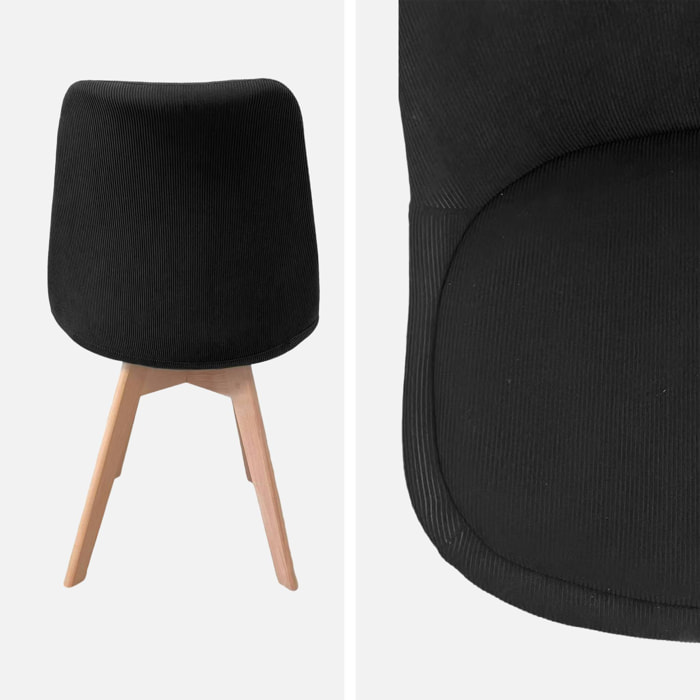 Lot de 4 chaises scandinaves revêtement velours côtelé noir. pieds bois de hêtre - Nils