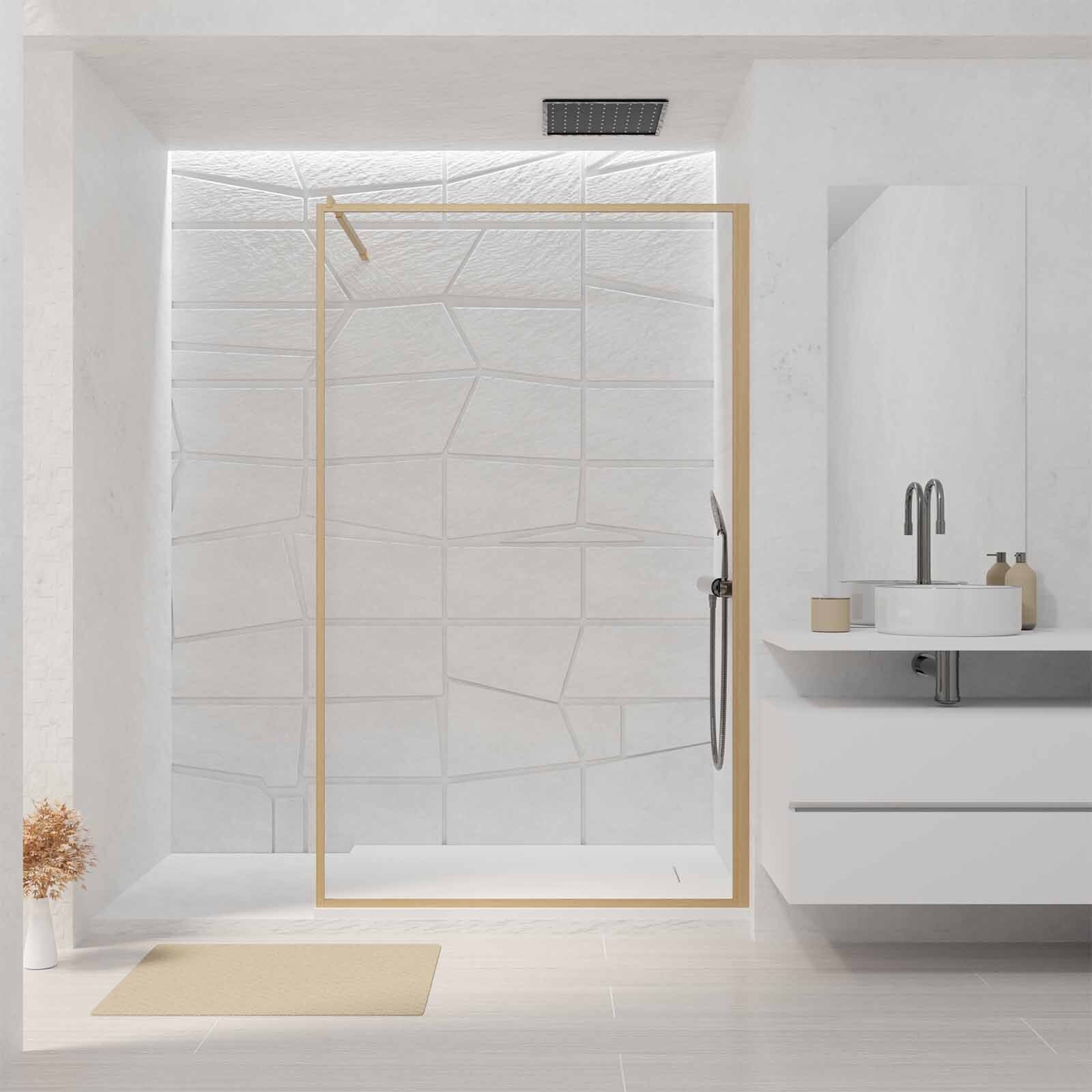 Paroi de Douche 140x200 cm - Cadre et Bras Aluminium Décor Bois - WOODEN CONTOURING