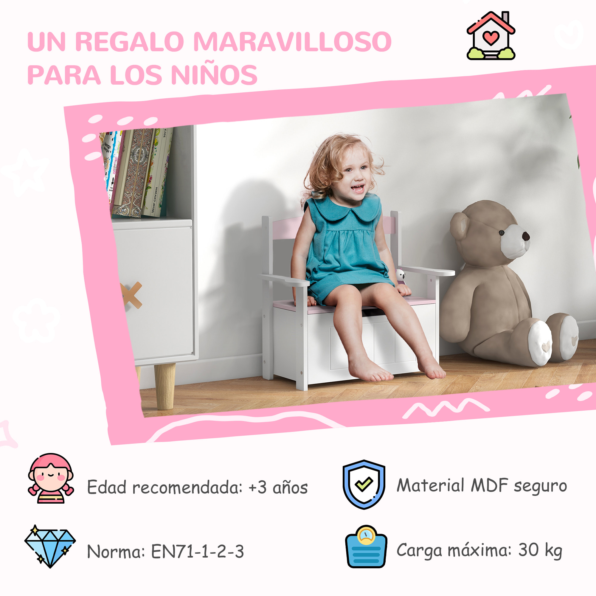 Baúl para Juguetes Infantil, Banco Almacenaje para Niños, con Respaldo y Tapa Amortiguadora, Carga 30 kg, para Salas de Juego, Dormitorio, 68,5x34x58 cm, Rosa y Blanco