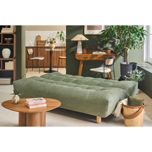 Canapé convertible scandinave 3 places en tissu chenille vert kaki et bois clair YUMI