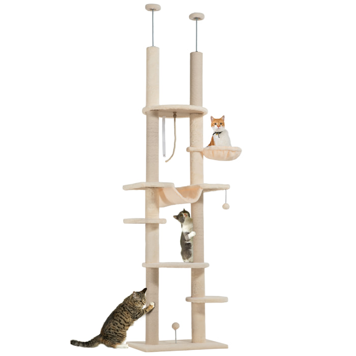 Árbol para Gatos de Suelo a Techo 225-255 cm Árbol Rascador para Gatos de 7 Niveles Torre para Gatos con Hamacas Plataformas Juguete de Cuerda Bola de Juguete Beige y Gris