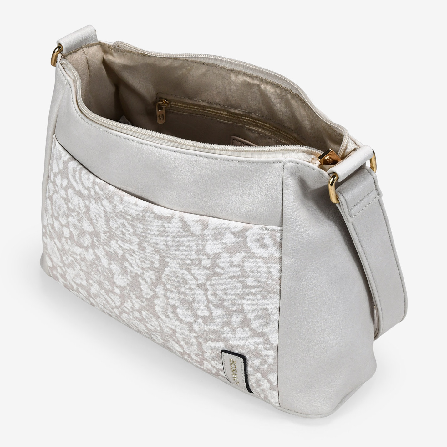 Bolso bandolera beige con bolsillo floral