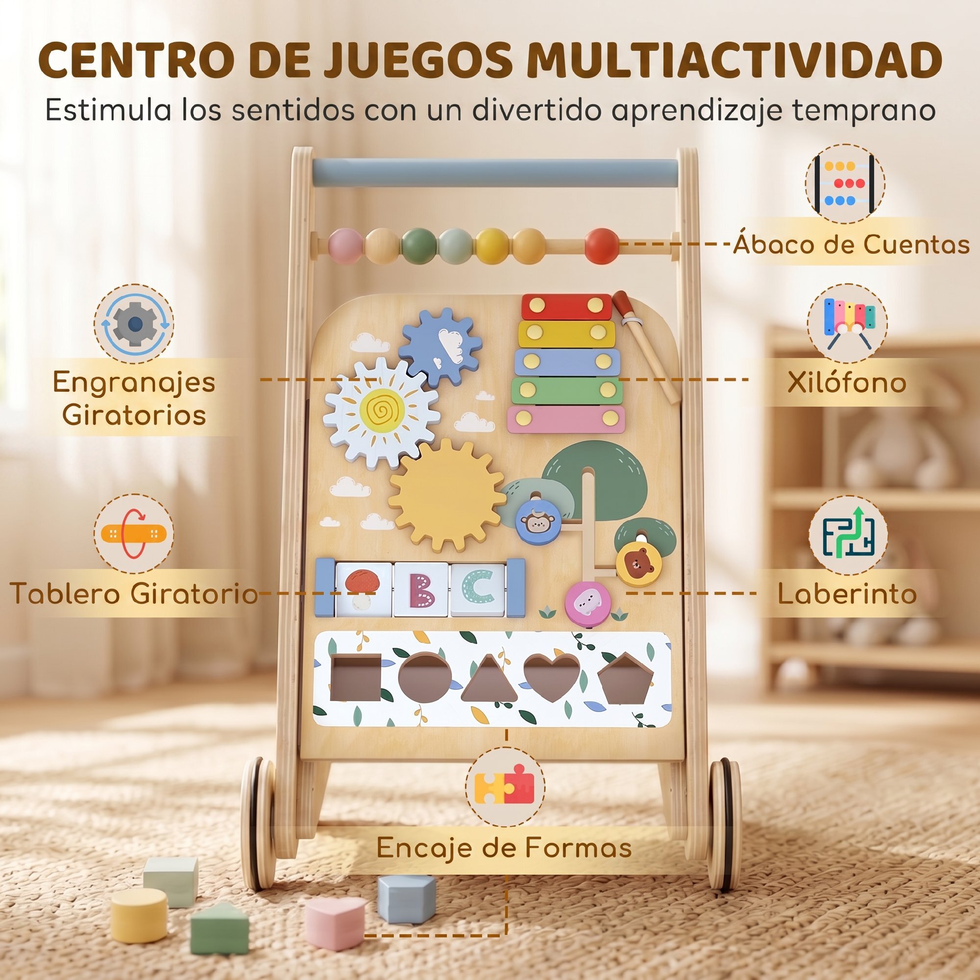 Andador Madera Bebé, Caminador Bebé con Juguetes Montessori, Centro de Actividades, Control de Velocidad, con 5 Bloques, Ruedas, Regalo para Niños de +18 Meses y Altura +75 cm Natural