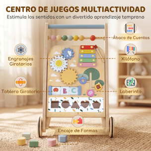 Andador Madera Bebé, Caminador Bebé con Juguetes Montessori, Centro de Actividades, Control de Velocidad, con 5 Bloques, Ruedas, Regalo para Niños de +18 Meses y Altura +75 cm Natural
