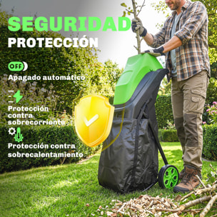 Trituradora de Ramas Eléctrica 2500W, Trituradora de Jardín con 2 Cuchillas Reversibles hasta Ø44 mm de Ramas, Bolsa de Recolección de 45L, Ruedas y Protección de Sobrecarga, Verde
