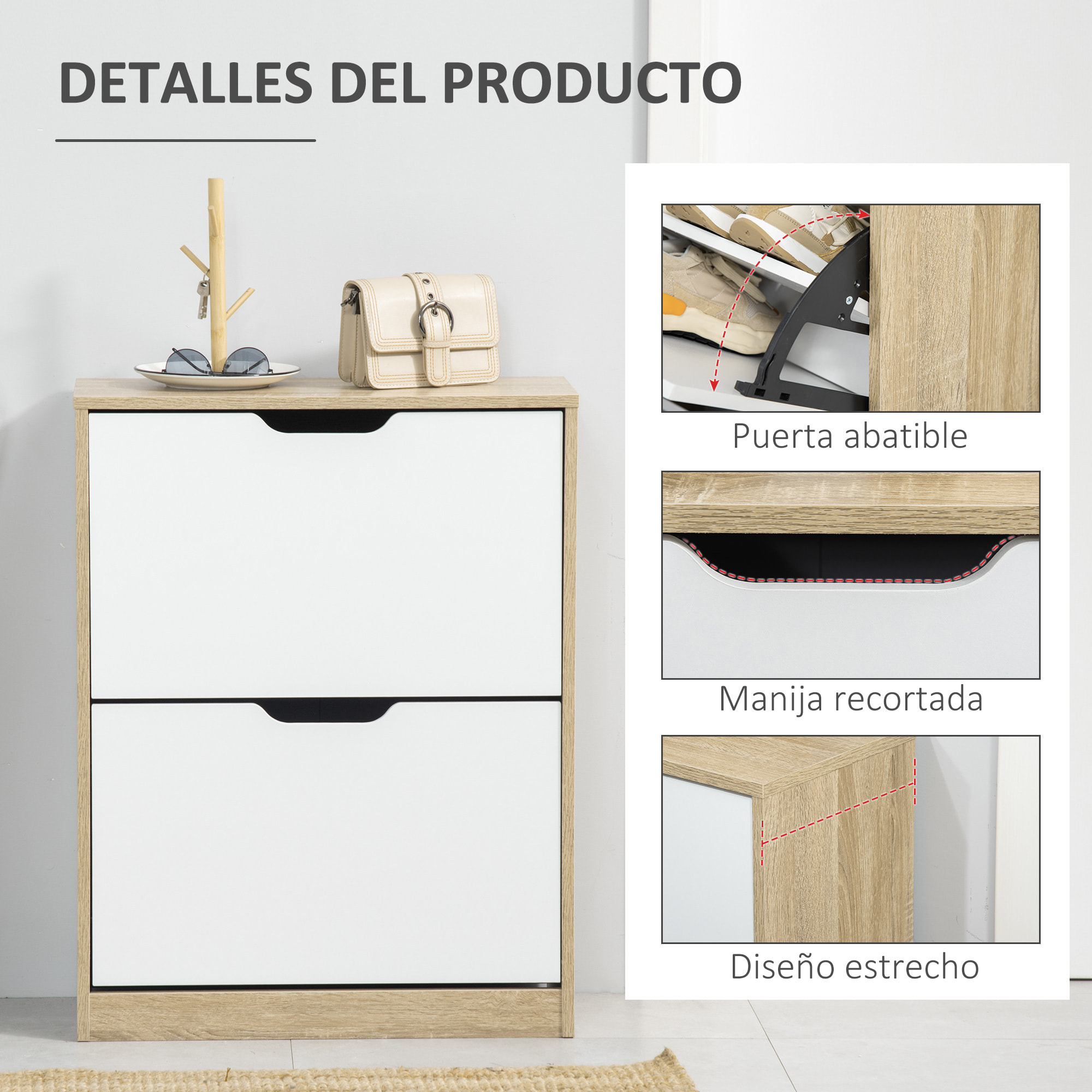 HOMCOM Armario de Zapatos Zapatero de Madera con 2 Puertas Abatibles 4 Estantes de Almacenaje Capacidad de 8 Pares para Entrada Pasillo Dormitorio 62,5x26x81 cm Blanco y Natural