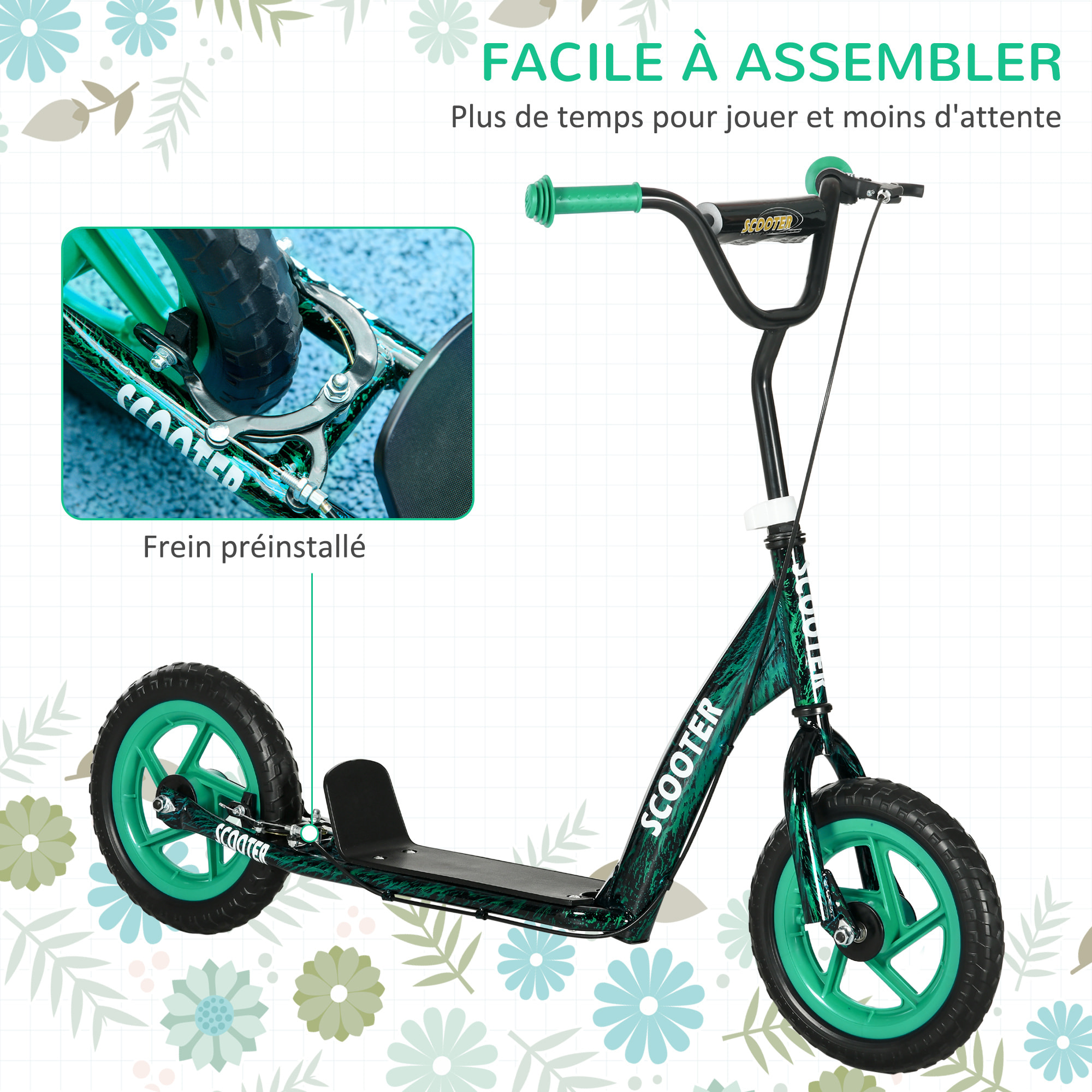 Trottinette patinette enfant à partir de 6 ans roues 30 cm guidon réglable poignée frein et béquille acier vert