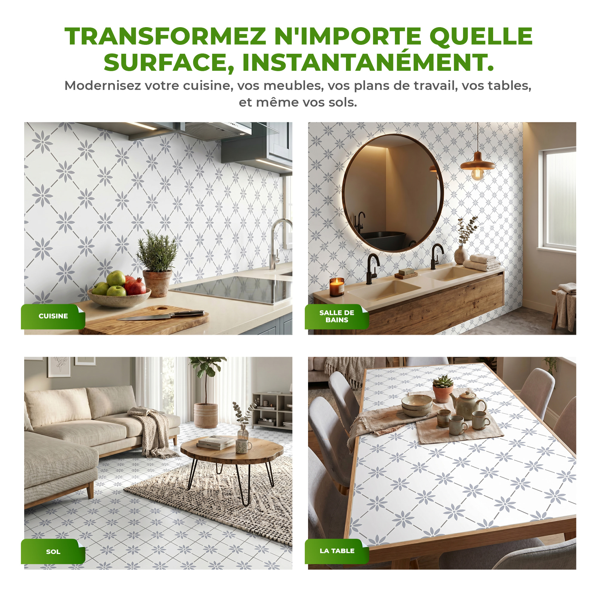 Sticker Sol avec laminat de Protection en Plastique Anti-dérapant | Stickers adhésif Sol - CARREAUX DE CIMENT SOL BIANCA - 1 sticker