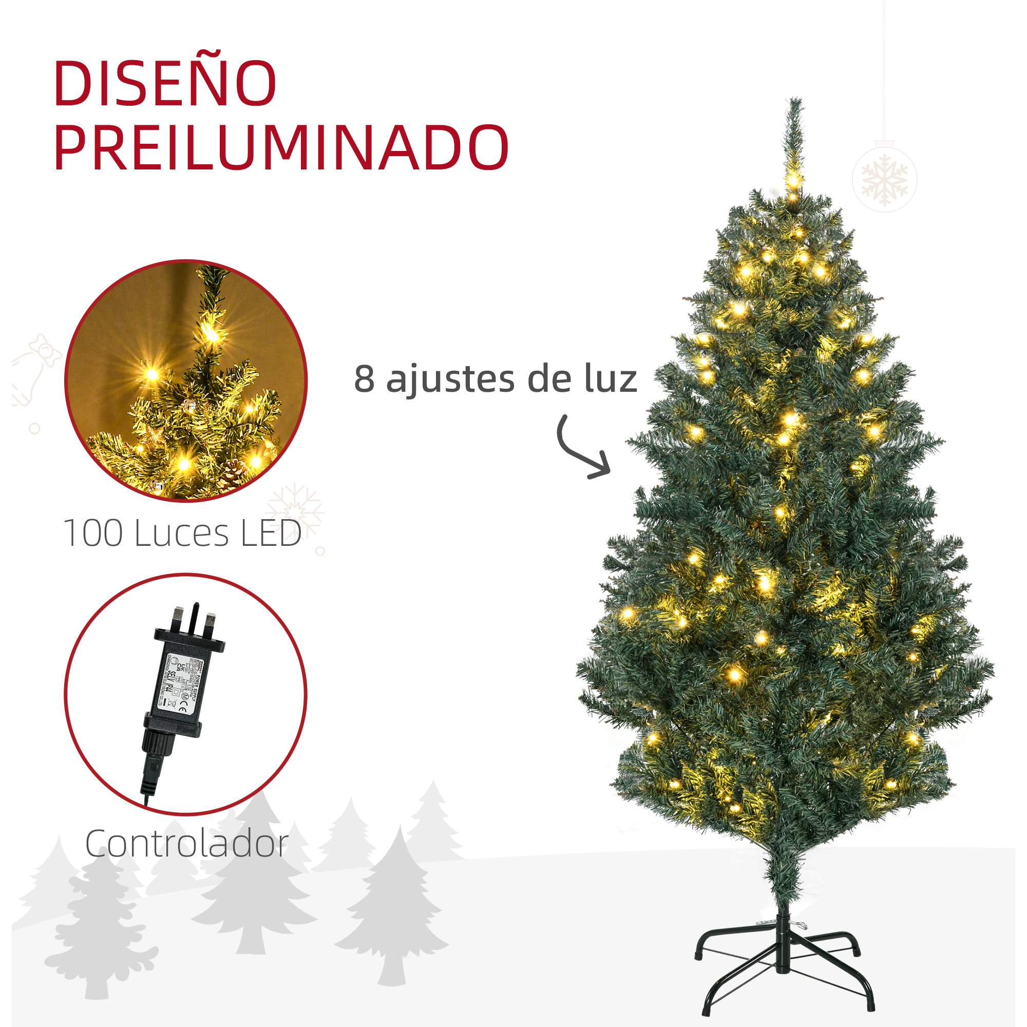 Árbol de Navidad Artificial 150 cm con 100 Luces LED con 8 Modos de Iluminación Árbol de Navideño con 472 Ramas y 80 Decoraciones Árbol Automático Acero Ø91x150 cm Verde