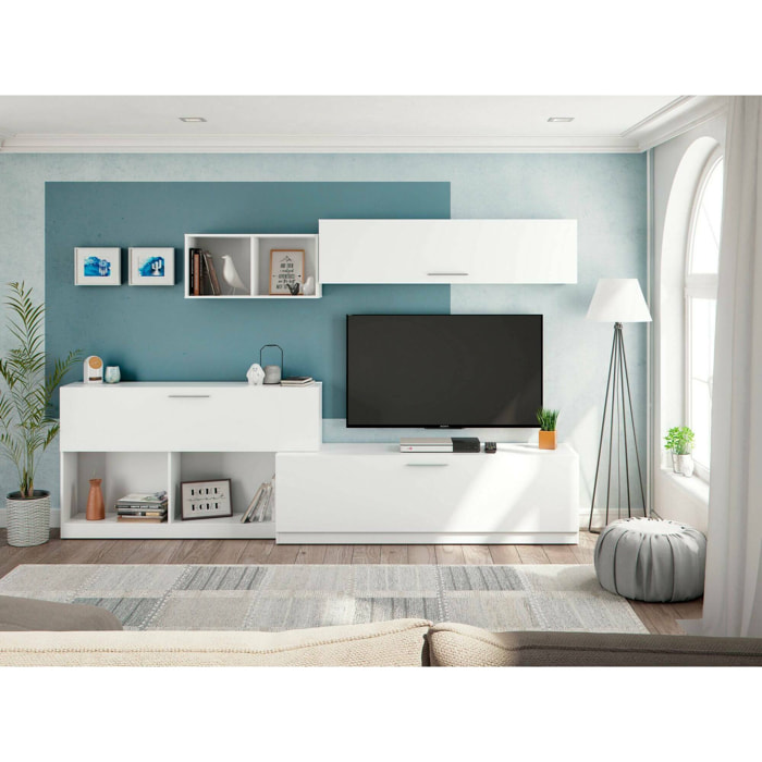 Parete attrezzata Vobarno, Set da soggiorno moderno, Mobile salotto multiuso, 260x41h222 cm, Bianco