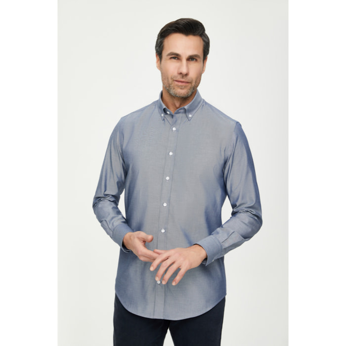 Camicia Uomo 1 Bottone Button Down Slim Oxford Unito Grigio Medio