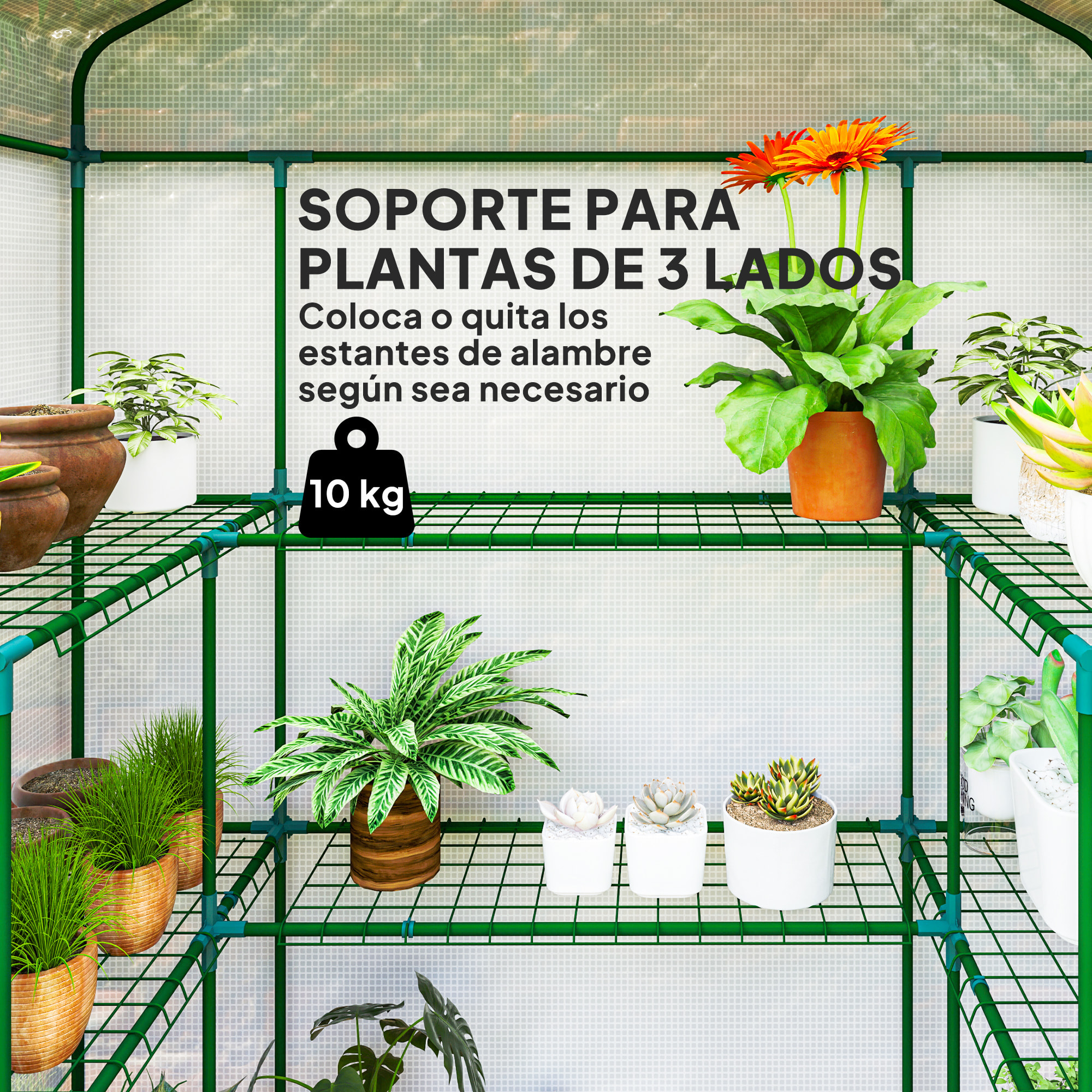 Invernadero de Exterior de 3 Niveles Invernadero de Jardín con Puerta Enrollable 2 Ventanas Estantes en Forma de U para Cultivo de Plantas en Terraza Patio 140x73x190 cm Blanco