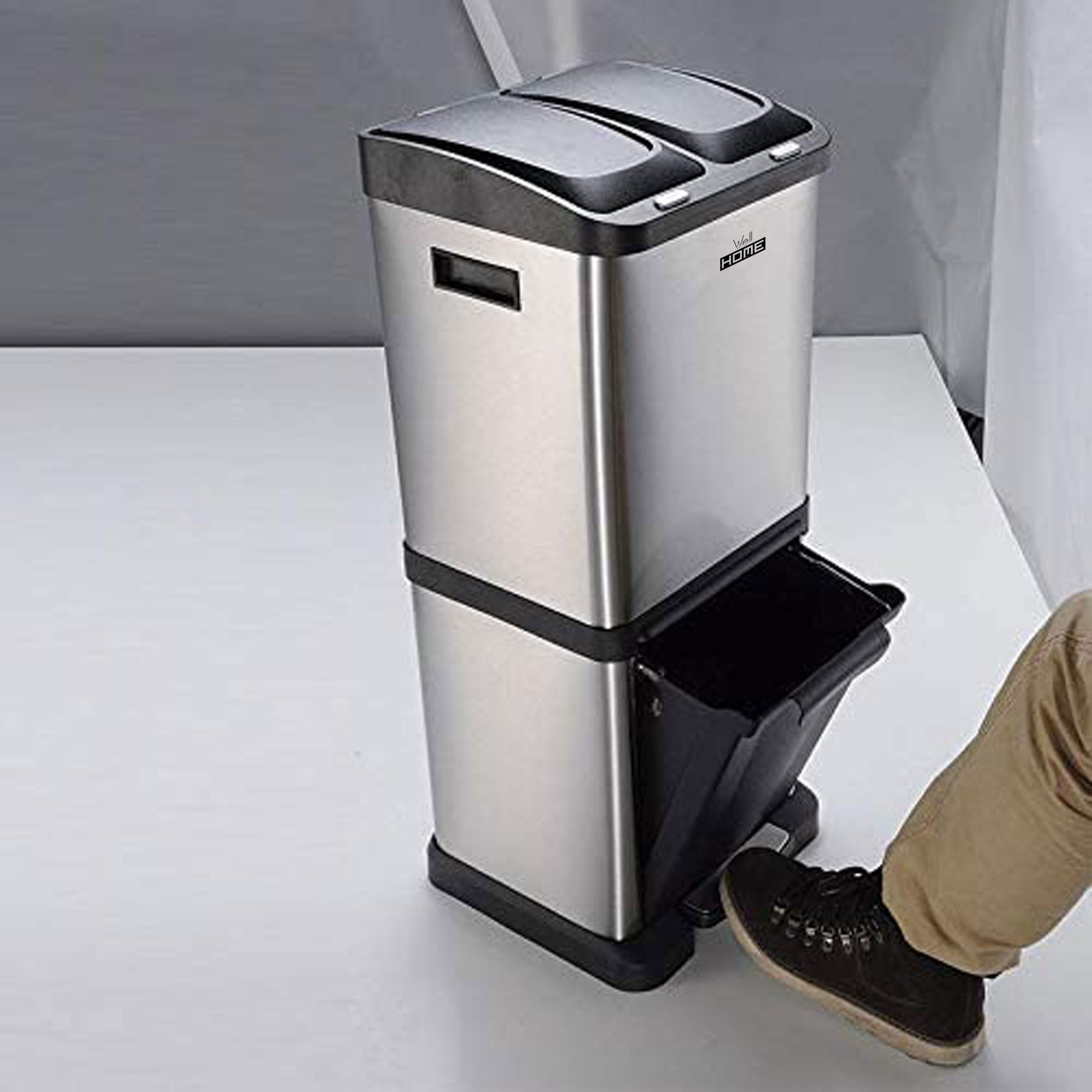 Cubo de reciclaje ecológico 32 litros de 3 compartimentos (2 de 8 l + 1 de 16 l), reciclaje de basura / cubos de reciclaje, gran capacidad, para papel