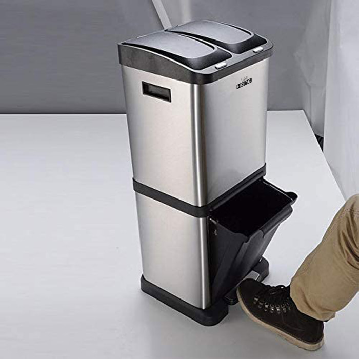 Cubo de reciclaje ecológico 32 litros de 3 compartimentos (2 de 8 l + 1 de 16 l), reciclaje de basura / cubos de reciclaje, gran capacidad, para papel