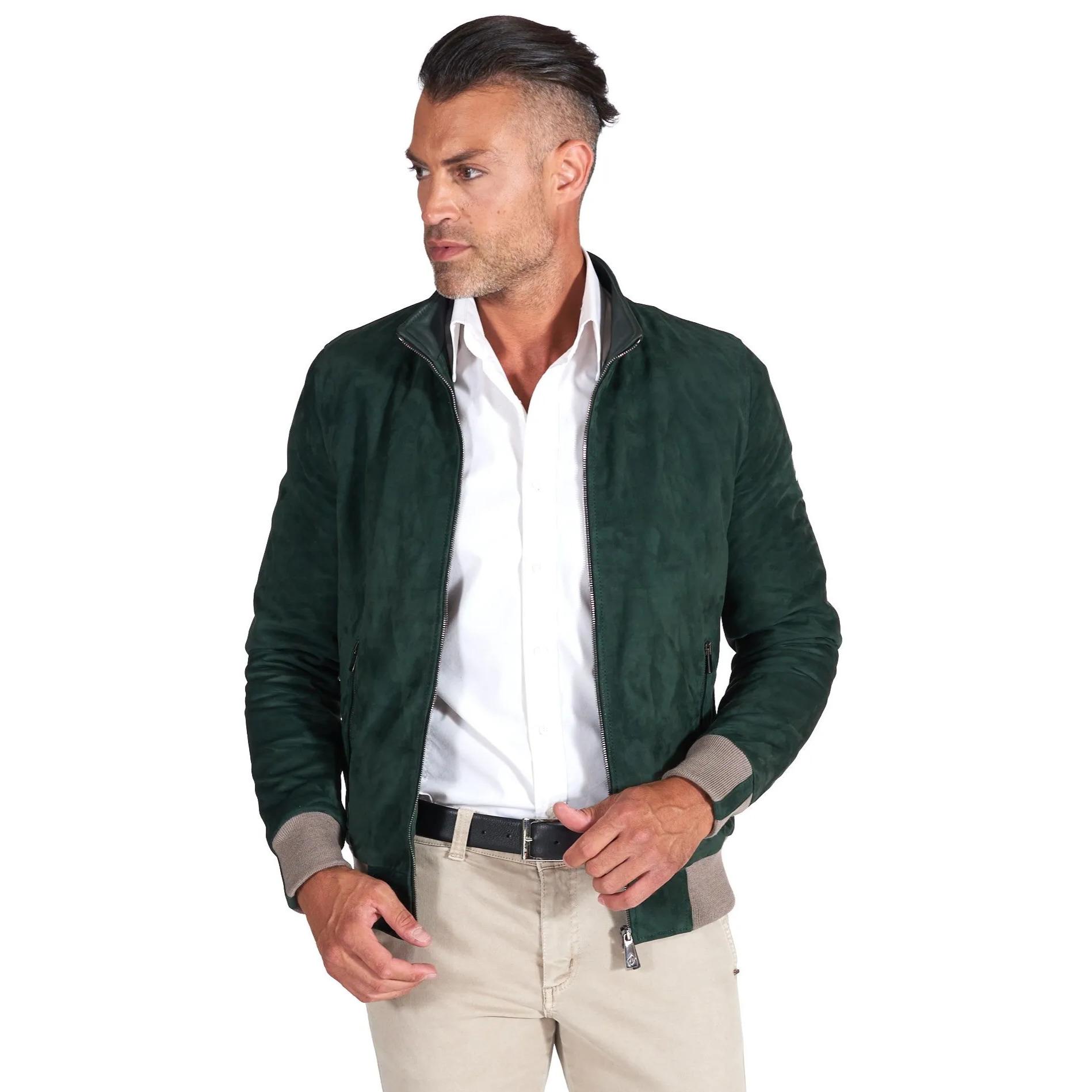 Giubbotto bomber in pelle scamosciata verde collo coreana