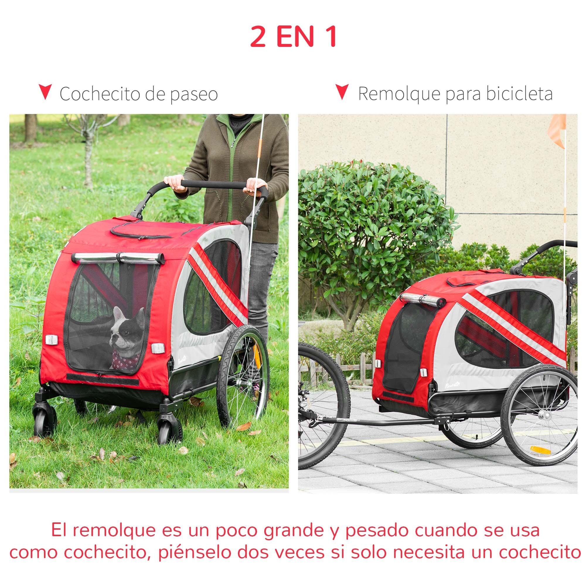 PawHut Remolque de Bicicleta Perros 2 en 1 Carrito Transporte para Mascotas con Puertas Enrollables Ventanas Cinturón de Seguridad Bandera y 6 Reflectores 140x72,5x108 cm Rojo