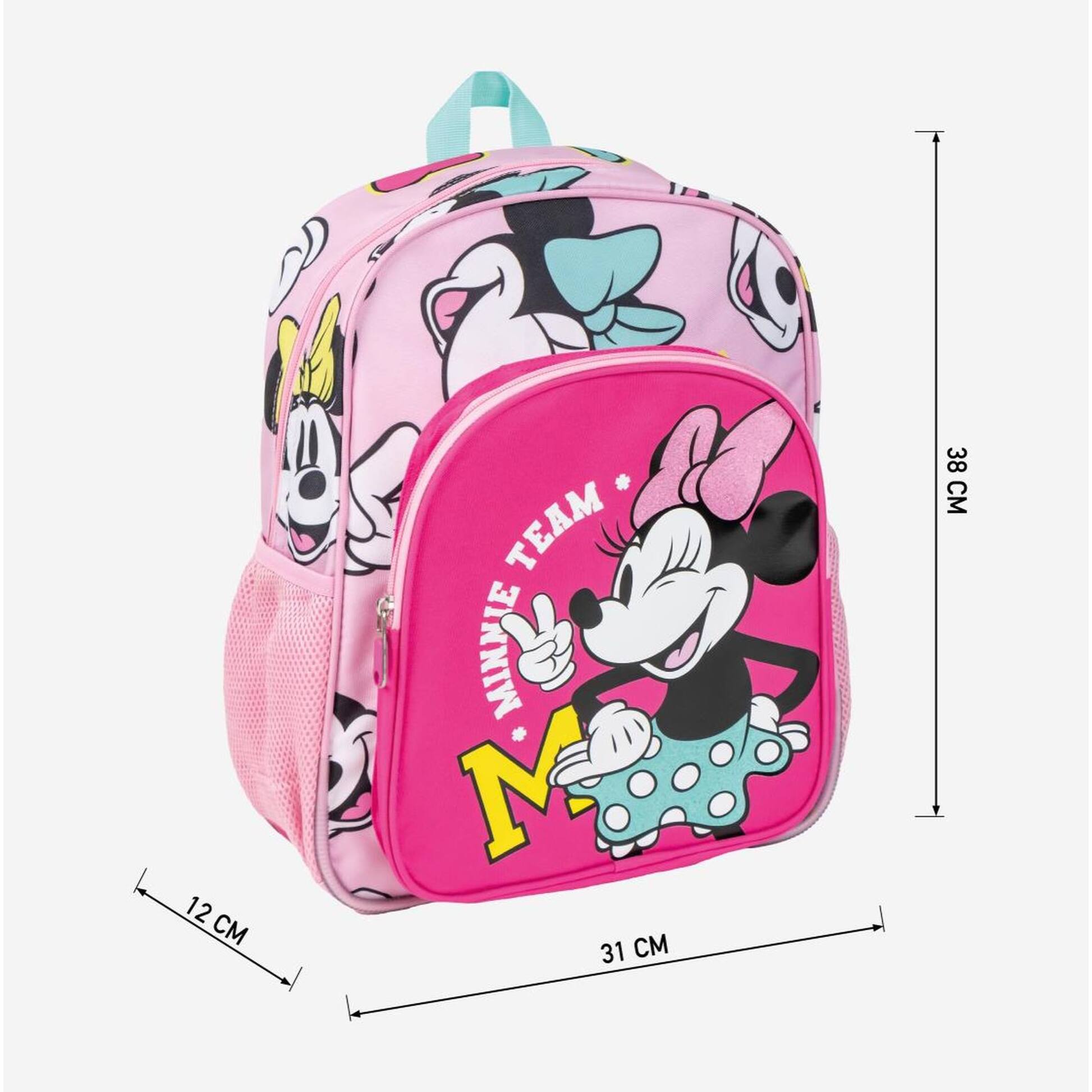 Mochila escolar de minnie - color fucsia - 31 x 12 x 38 cm - cierre de cremallera - asa ajustable - mochila resistente y duradera