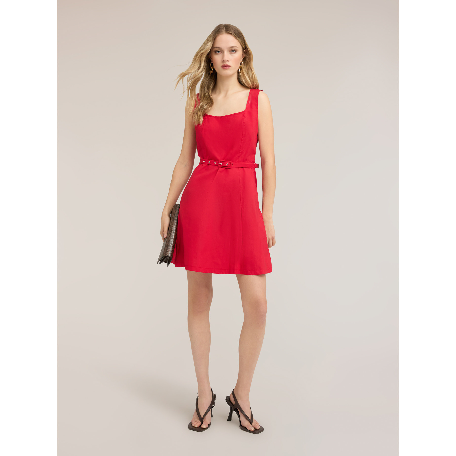 Motivi - Vestito corto in cotone con cintura - Rosso