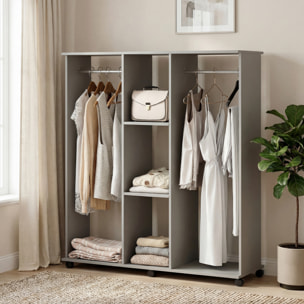 Armoire penderie meuble de rangement mobile 6 roulettes 120L x 40l x 128H cm panneaux de particules aspect bois gris