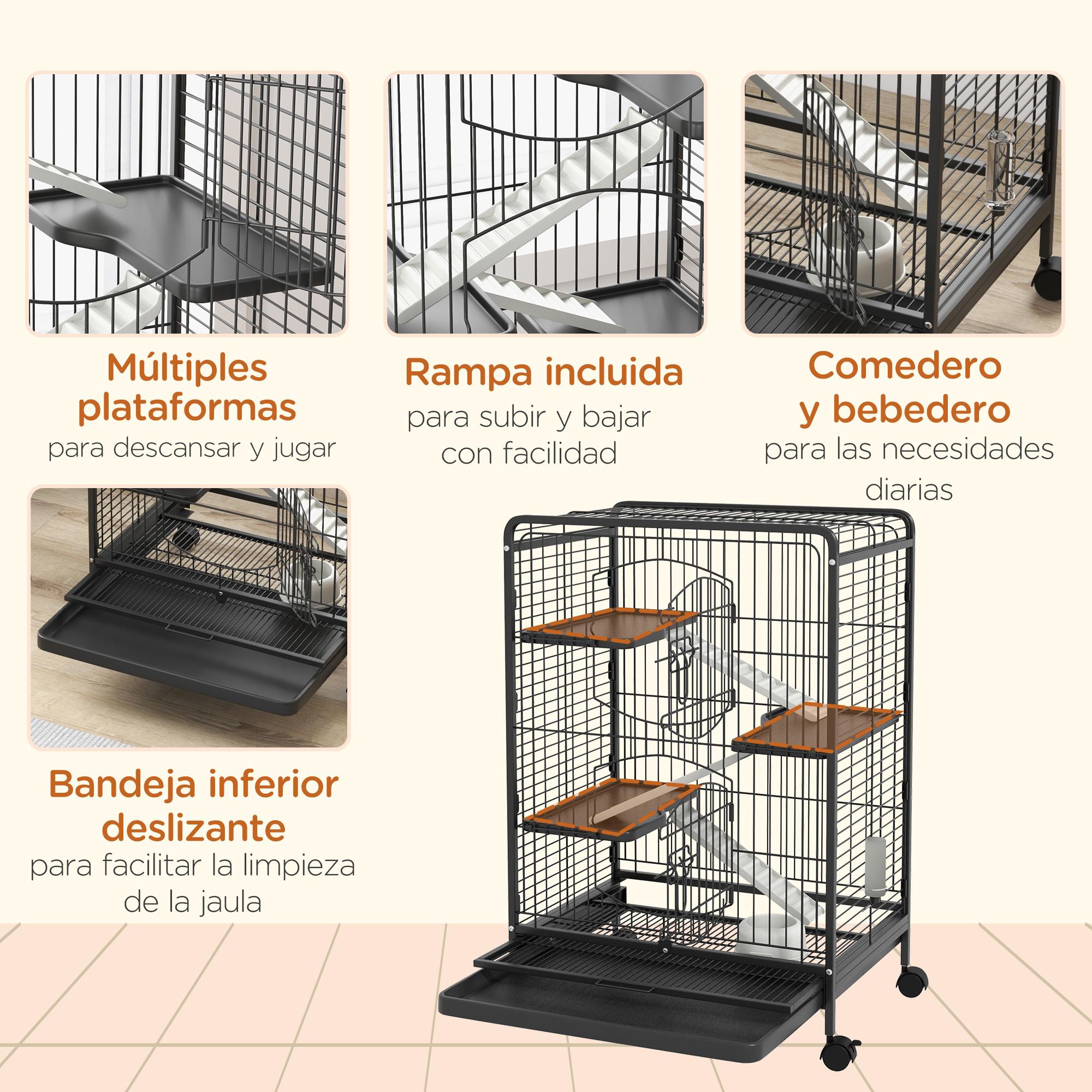 Jaula para Roedores con Ruedas 64x43,5x93 cm Jaula para Animales Pequeños con 2 Puertas 3 Plataformas Bandeja Extraíble Comedero y Bebedero para Conejos Cobayas Negro