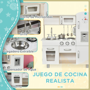 Cocina de Juguete de Madera con Fregadero Cocina de Inducción y Microondas Simulados con Accesorios Incluidos Cocina Infantil para +3 Años 74x30x81 cm Blanco