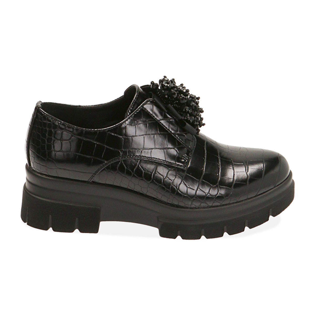 Zapatos con cordones con estampado de cocodrilo negro, tacón de 5,5 cm.