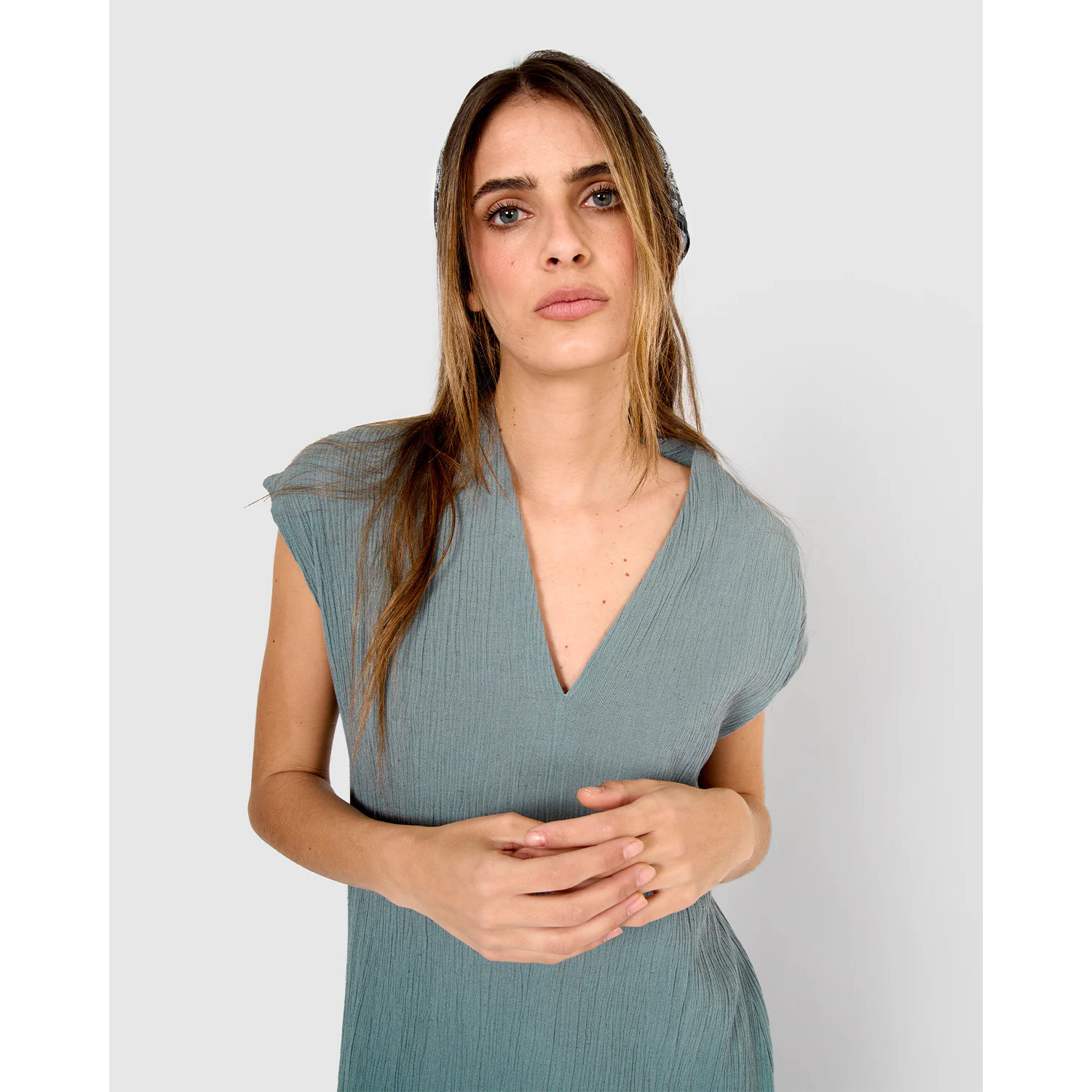 Vestido corto algodón lino verde azulado