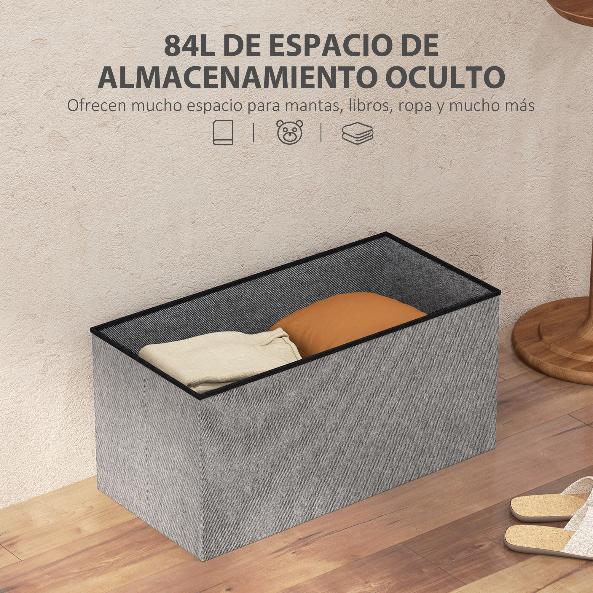Baúl de Almacenaje para Dormitorio 84L, Puff de Almacenaje Plegable Tapizado de Lino Sintético con Tapa, para Salón, 76x38x38 cm, Gris Claro