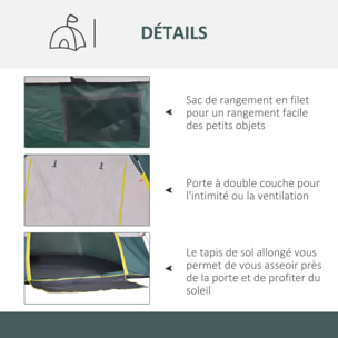 Tente de camping pop up 3 personnes porte 3 fenêtres sac de transport inclus fibre verre polyester PE jaune gris vert