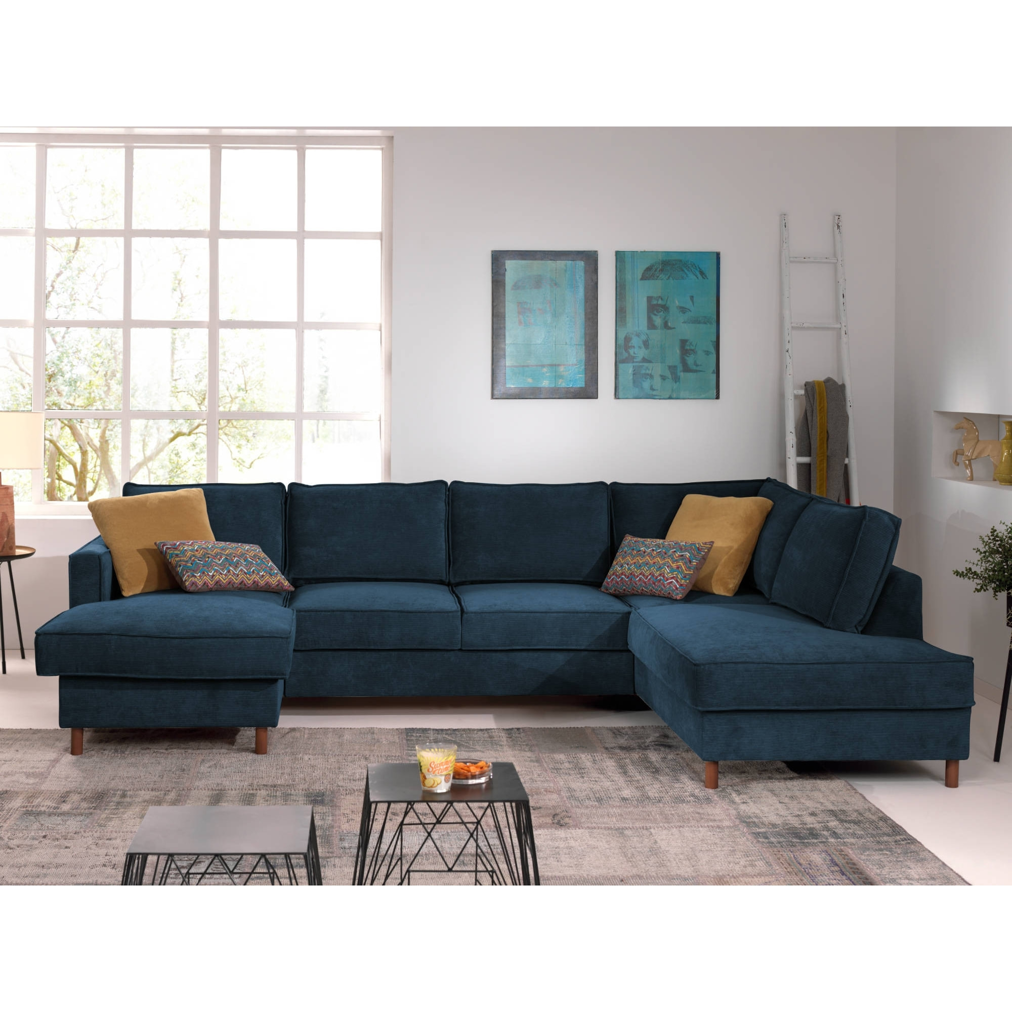 Jake - canapé panoramique d'angle droit - convertible avec coffre - 7 places - en velours côtelé - Bleu Ardoise