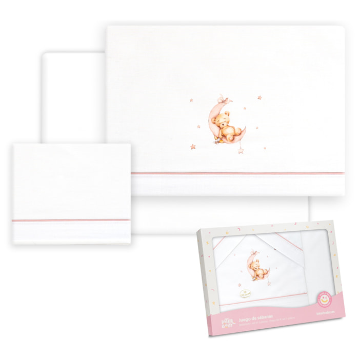 Triptico Coche Estampado Oso Luna Estrellas Bco/Rosa