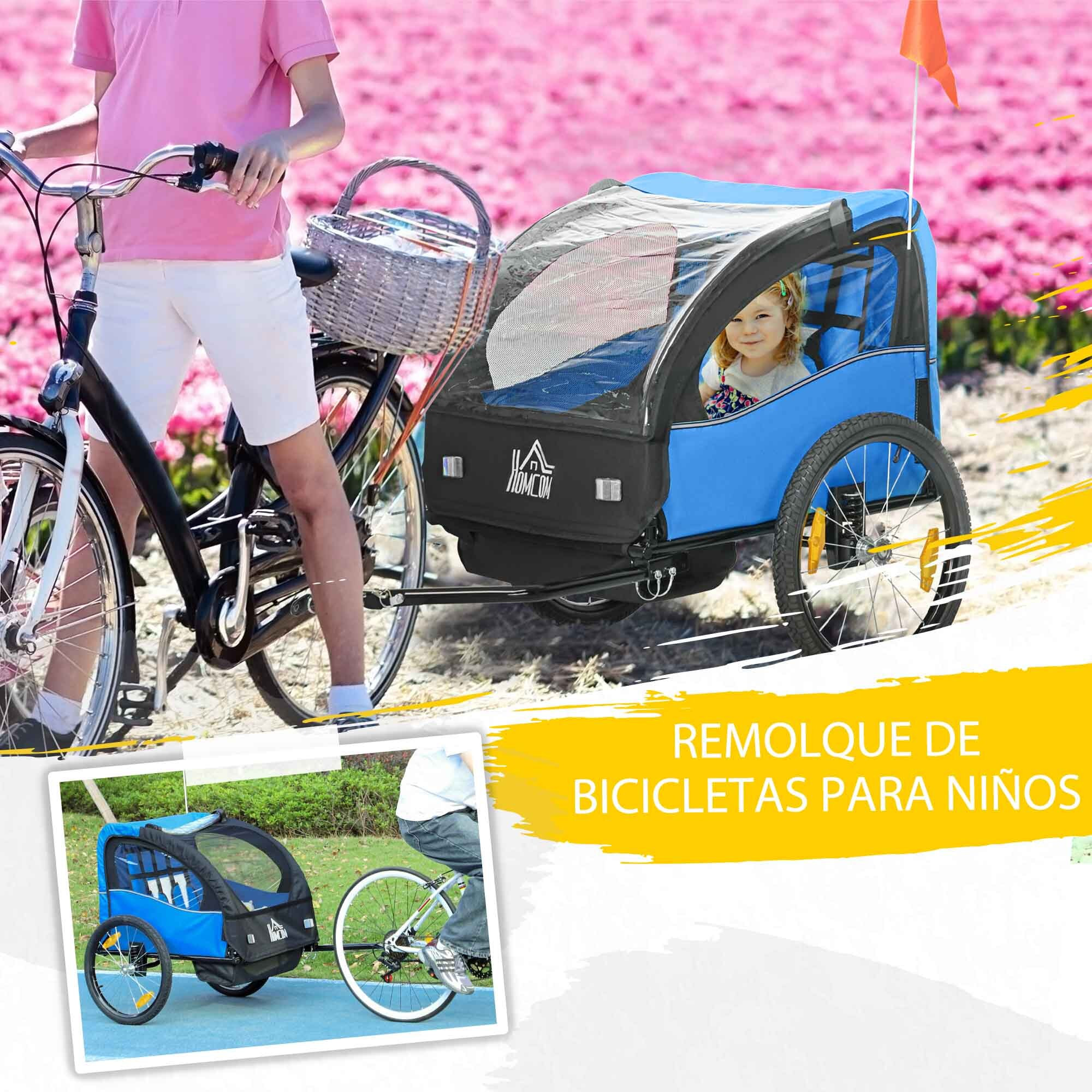 Remolque de Bicicleta para Niños +18 Meses Cochecito para Transporte de 2 Plazas con Cinturón de Seguridad Espacio de Almacenamiento y Sistema de Amortiguador 140x88x90 cm Azul