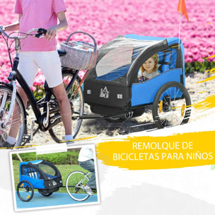 Remolque de Bicicleta para Niños +18 Meses Cochecito para Transporte de 2 Plazas con Cinturón de Seguridad Espacio de Almacenamiento y Sistema de Amortiguador 140x88x90 cm Azul