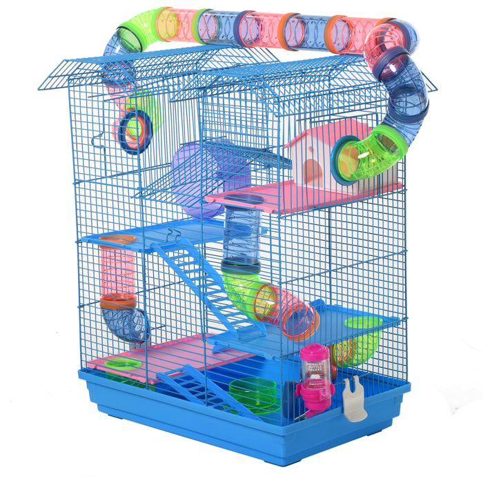 Cage pour Hamster Souris Petit Animaux Rongeur avec Tunnel Mangeoire Roue Jouet 47 x 30 x 59 cm cm Bleu