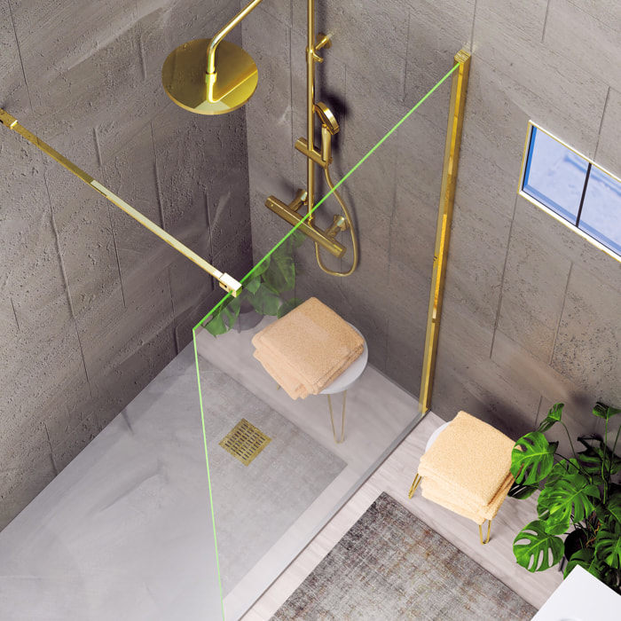 Mampara de Ducha | Panel Fijo | 100 X 195 cm | Perfil Dorado | Cristal Templado con Espesor de 8mm| Tratamiento Antical | Alday