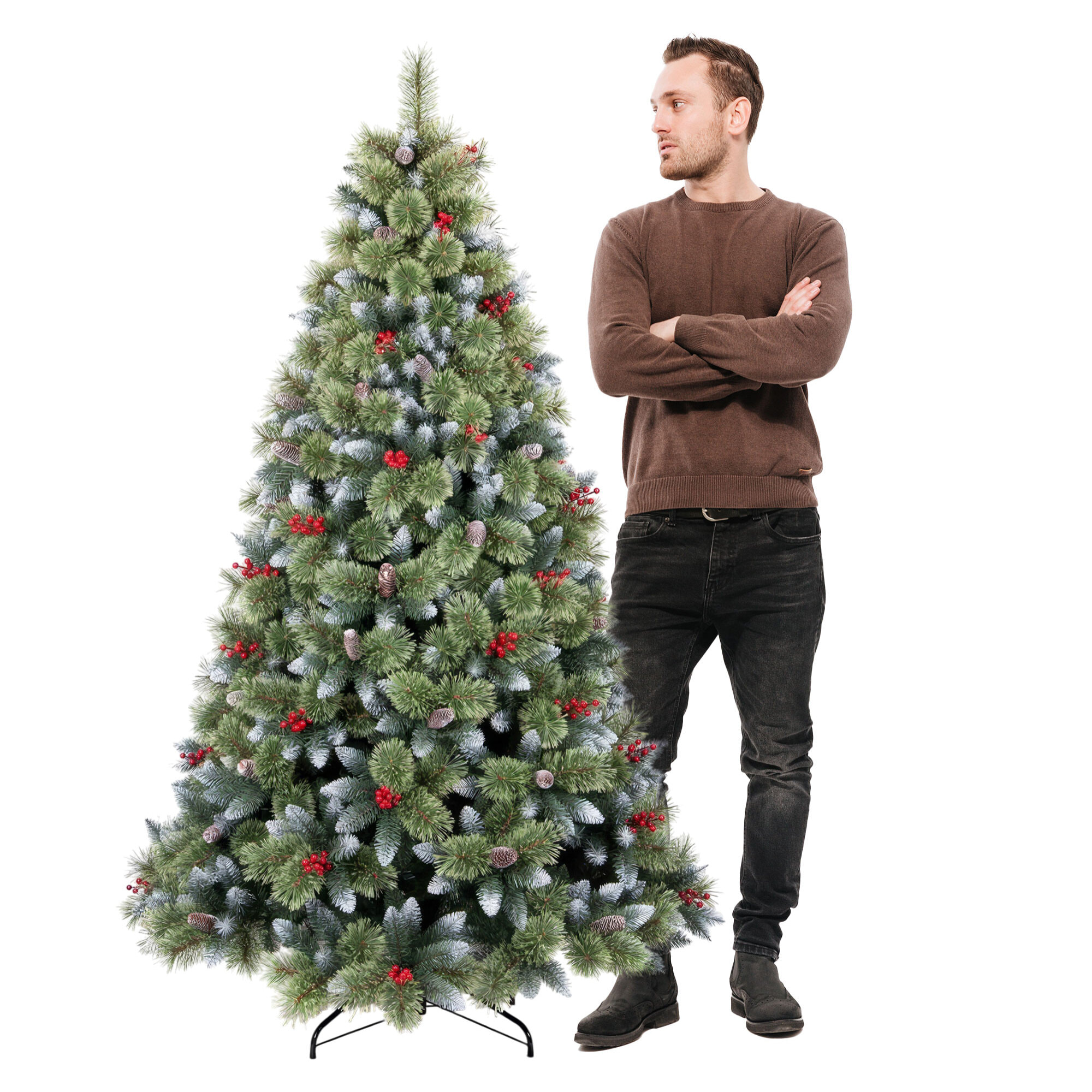 Cortina - Albero di Natale Innevato in PVC e PP con Pigne e Bacche Ø99x180H, 858 Punte