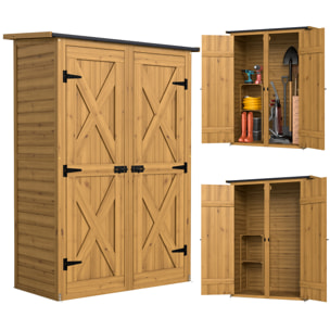 Caseta de Jardín de Madera 115x53x156 cm, Cobertizo Jardín Exterior, Armario Exterior para Herramientas con Puertas Dobles con Pestillo, 2 Estantes y Techo Inclinado, Resistente, Marrón