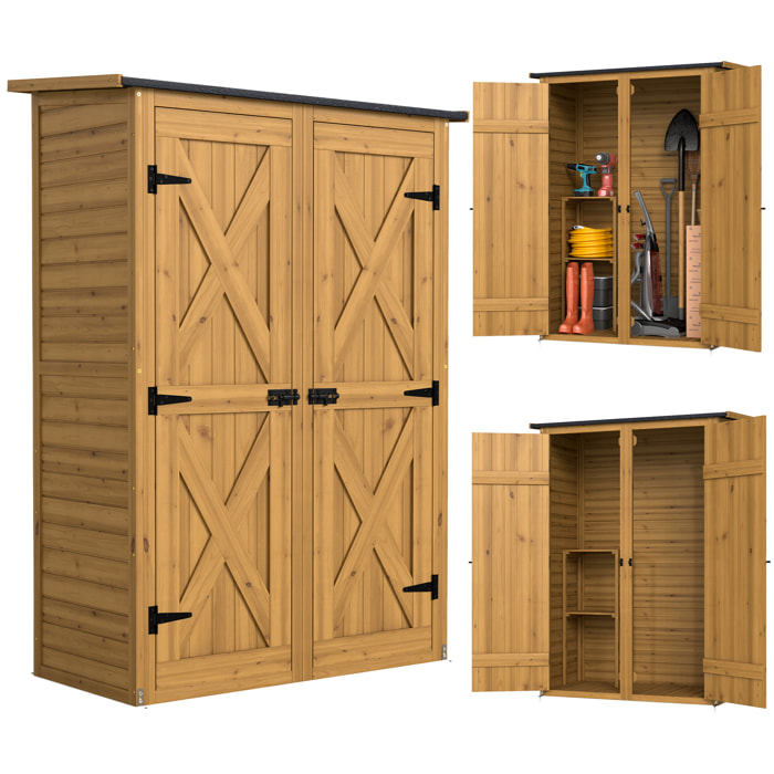 Caseta de Jardín de Madera 115x53x156 cm, Cobertizo Jardín Exterior, Armario Exterior para Herramientas con Puertas Dobles con Pestillo, 2 Estantes y Techo Inclinado, Resistente, Marrón