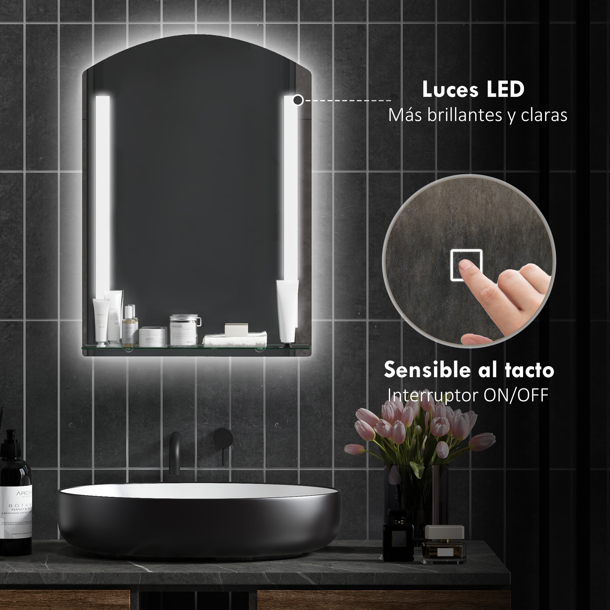 Espejo de Baño con Luces LED 70x50 cm Espejo para Baño con Interruptor Táctil Iluminación Regulable Función de Memoria y Estante de Vidrio para Salón Entrada Plata