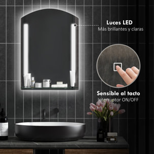 Espejo de Baño con Luces LED 70x50 cm Espejo para Baño con Interruptor Táctil Iluminación Regulable Función de Memoria y Estante de Vidrio para Salón Entrada Plata
