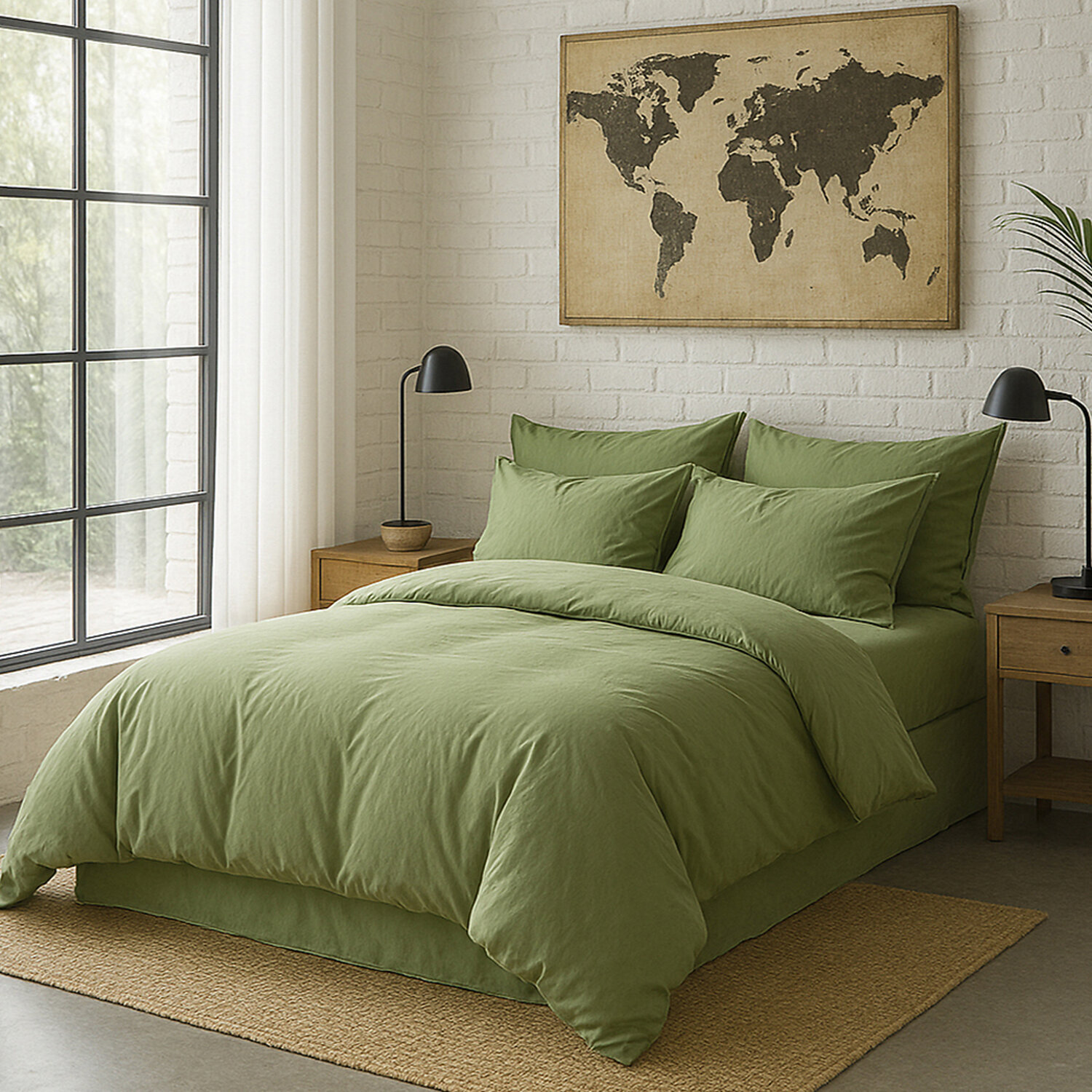 Paire de taies d'oreiller avec volant 100% percale de coton lavé vert d'eau