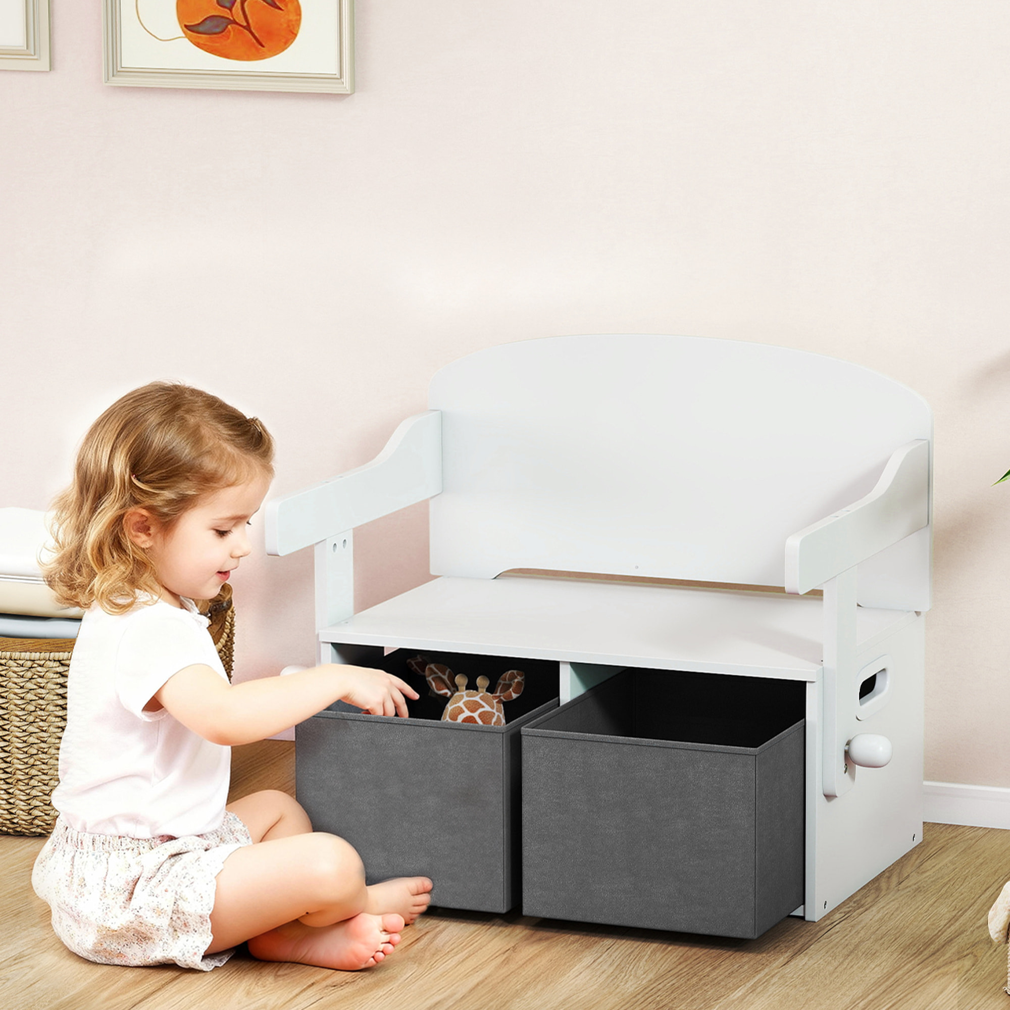Banco Infantil Convertible 3 en 1, Juego de Mesa y Silla, Baúl de Juguetes con Cubos de Tela Extraíbles, Banco de Almacenaje, Mueble Multifuncional para Niños 3-6 Años, Blanco