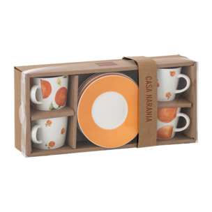 J-Line Tasse + Sous-tasse Orange - céramique - blanc/orange- small - set de 4